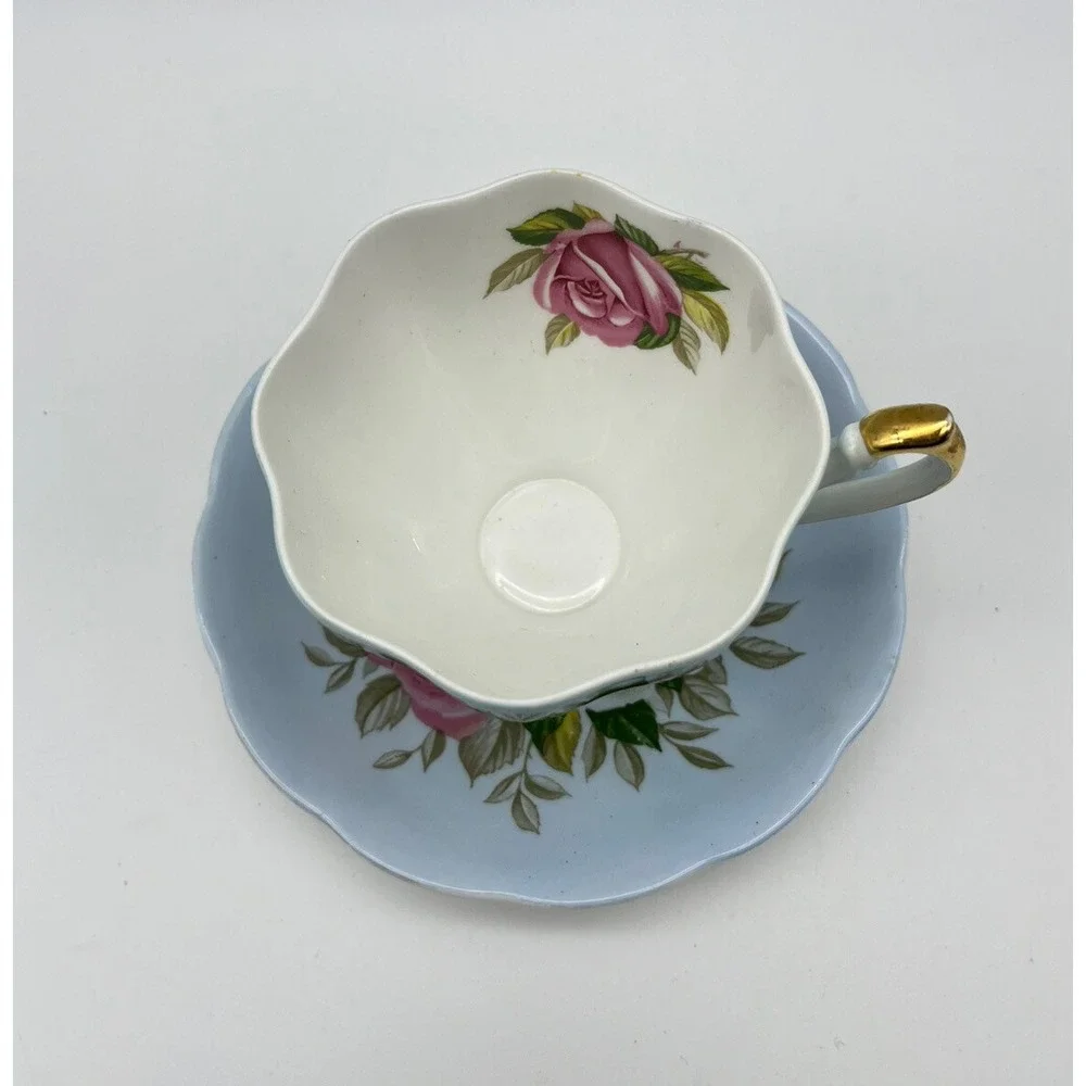 Vintage Queen ANNE Blue CABBAGE ROSE Cup & Saucer Set of 2